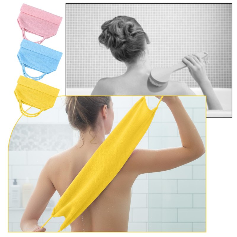 Body Wash Towel, 3 Pcs Double-Sided Back Exfoliator Body Scrub Towel, Nylon Back Scrubber with Handles, Stretchable BackWasher for Shower for Women Men(Blue, Pink, Yellow)