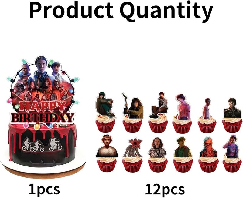 Stranger Things | 13 Pcs Cake Decoration Set - 12 Cupcake Toppers & Happy Birthday Topper for Themed Parties