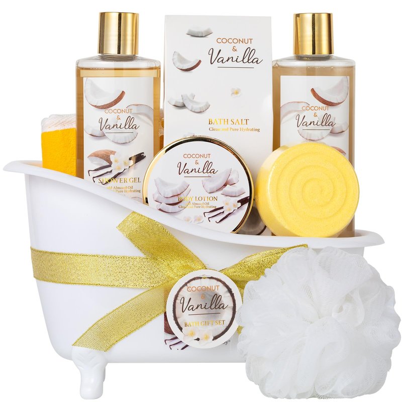 Spa Gift Basket for Women & Men Pamper Kit- 8-Piece Bath Kit Coconut Vanilla Bath & Body Gift Set for Women Self Care Spa Gift Baskets | Perfect Gifts Mom, Birthday Gift, All Occasion Holiday Present