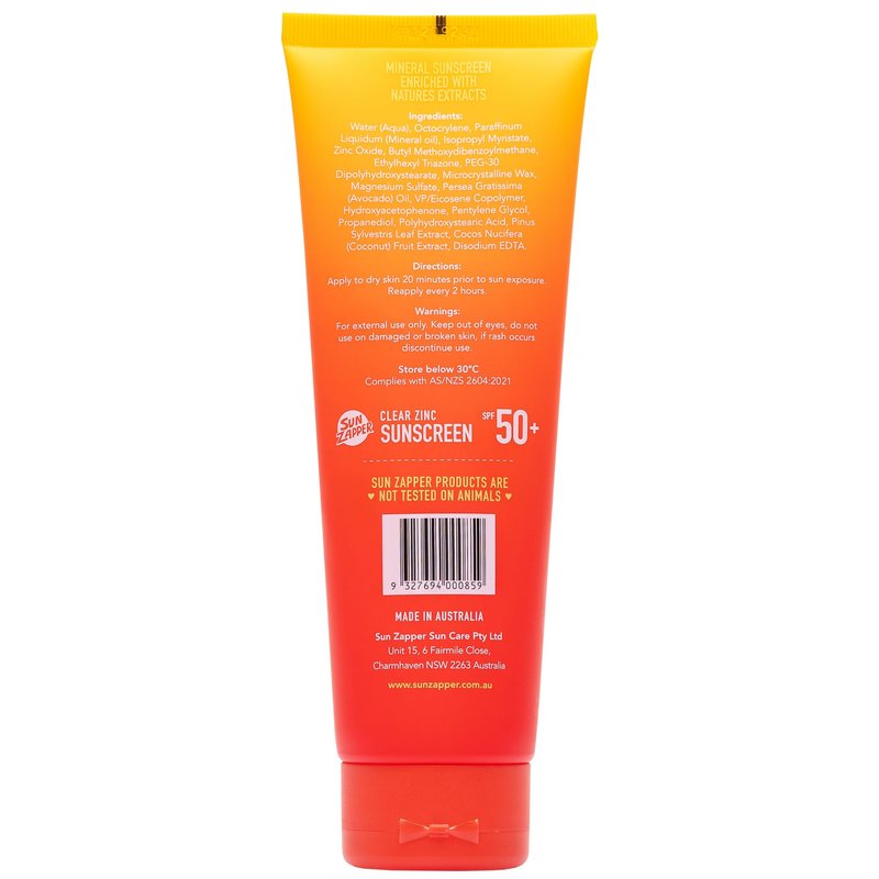 Sun Zapper Clear Zinc Sunscreen Lotion SPF 50+ – Zinc Oxide Sunscreen for Face and Body, Water Resistant Broad Spectrum Sunblock, No White Cast, Oxybenzone Free, 100mL (3.4 oz), Australian Made