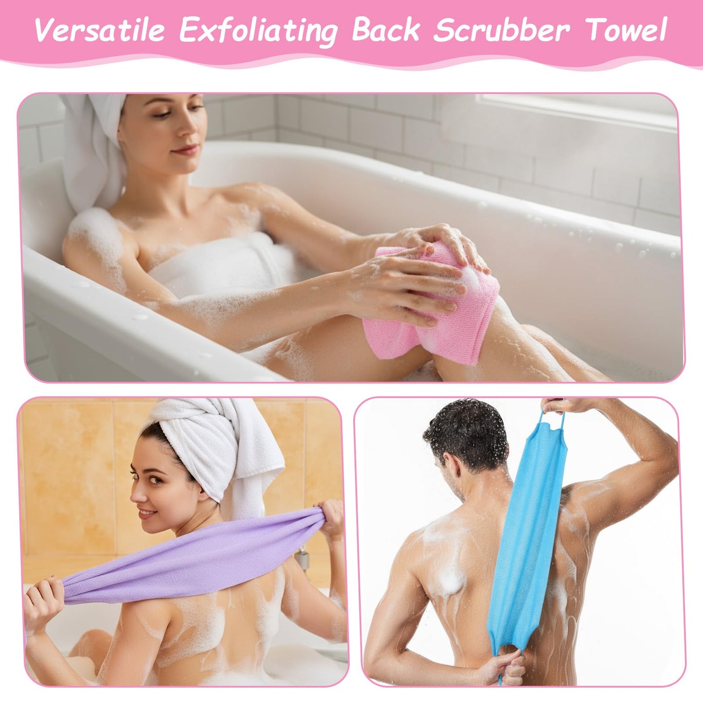 12 Pcs Exfoliating Back Scrubber for Shower with Handles Nylon Back Exfoliator Washers Stretchable Pull Strap Exfoliating Loofah Washcloth for Women Men Body Deep Cleaning Massages