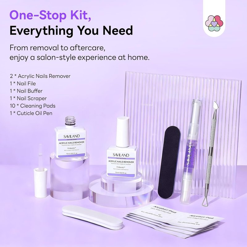 SAVILAND Acrylic Nail Remover Kit - 30 ml Gentle Acrylic Dissolver with Cuticle Oil & Care Tools