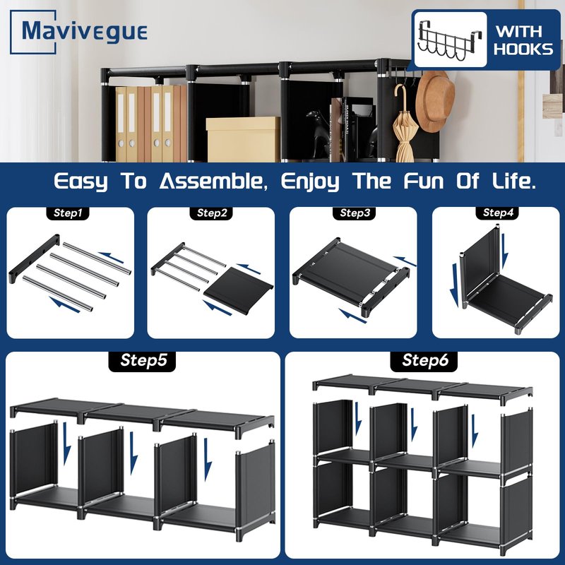 Mavivegue Bookcase, 18-Cube Extra Large Book Shelf, DIY Cube Storage Organizer for Bedroom, Living Room, Home Office - Black