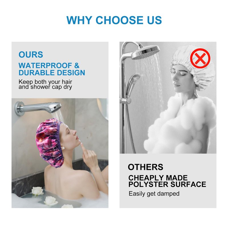 Upgraded Waterproof Terry Shower Caps, Reusable Shower Cap for Women with Long Hair, Soft Absorbent Hair-Protecting Towel Lining Bath Cap, Large Leak-Proof Hair Cap with Fashionable Print Outer-Purple