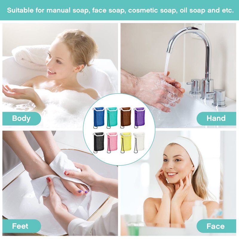 8 Pcs Soap Saver Pouch Body Scrubber Exfoliator and Holder Loofah Savers for Bar Wash Soap Bag with Rope Exfoliating Sponge for Bath Shower Travel Face Hand Women, 8 Colors