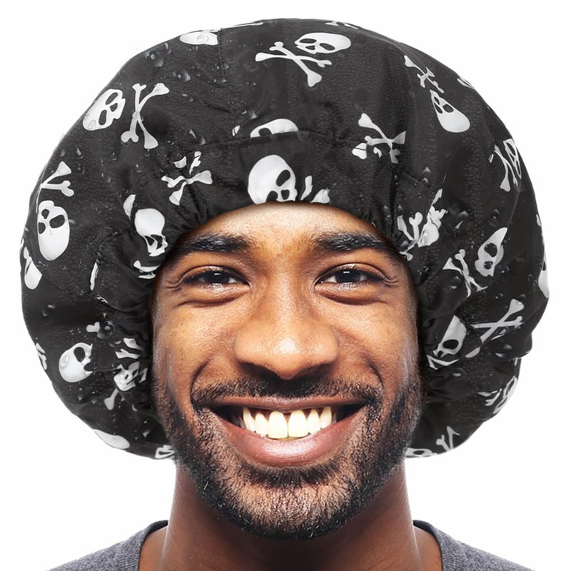 Shower Cap for Men Skulls Bath Cap, Reversible Large Waterproof Adjustable Shower Caps Terry Lining & Elastic Band Stretch Hem Hair Hat