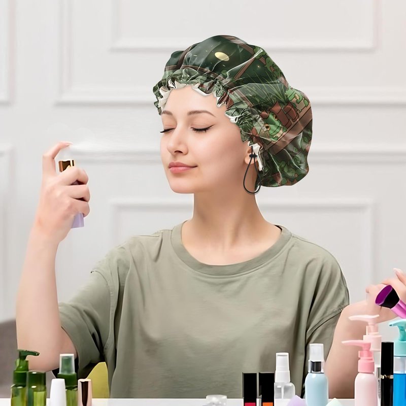 Cabreche Luxury Shower Cap Satin Silk Lined Adjustable Elastic Reusable Waterproof Shower Bath Cap Cute for Women Girls-Frog