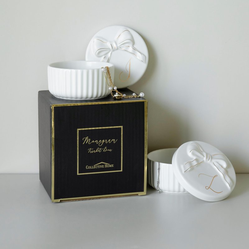 COLLECTIVE HOME Monogram Ceramic Jewelry Box with Bow - Small Trinket Dish, Elegant Wedding,Bridal Shower & Bridesmaid Gifts (M)