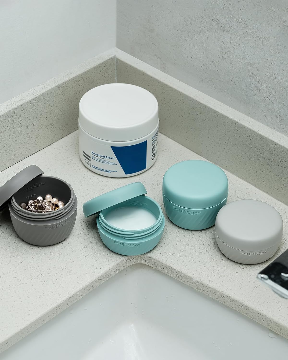 TakeToday Travel Containers - Leak-Proof TSA Approved Silicone Toiletry Jars | 2oz, 4 Pack, Grey