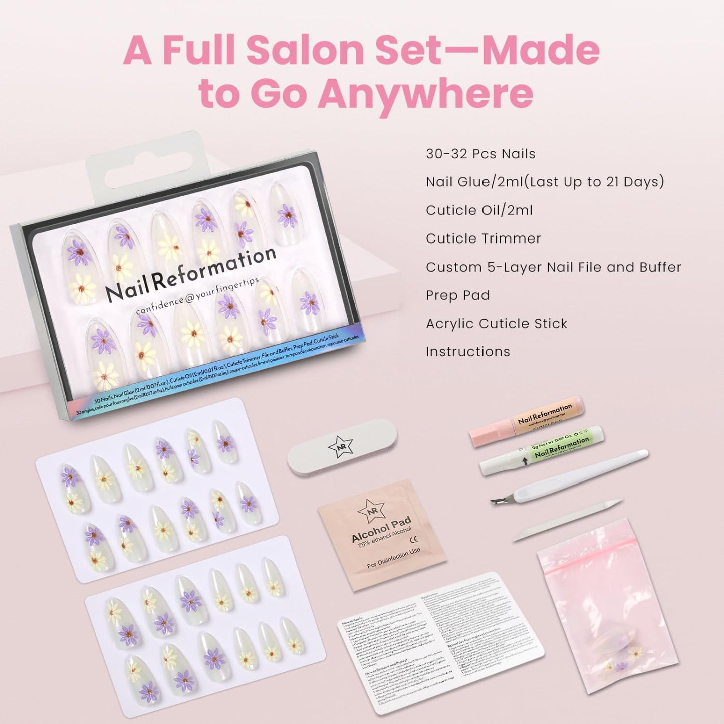 Skiennix Press On Nails - 3D Floral Lavender & Gold Shimmer | Medium Almond Shape, Reusable 30 Nail Kit in 15 Sizes