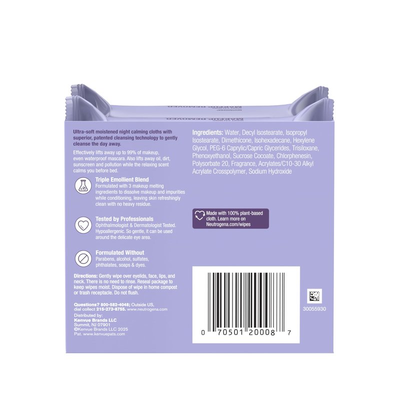 Neutrogena Night Calming Makeup Remover Face Wipes, Nighttime Cleansing Towelettes Remove Sweat, Dirt & Makeup & Calms Skin, Hypoallergenic, 100% Plant Based Cloth, Twin Pack, 2 x 25 ct