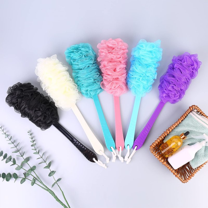 Back Scrubber Brush Long Handle for Shower, Loofah On a Stick Sponge Back Brush, Body Exfoliator Scrubber Bath Brush for Men Women, Exfoliating Cleaning Back Scrubber (2 Pack-Black+Blue)
