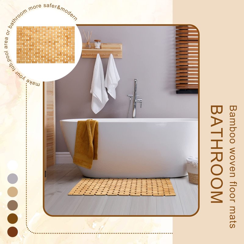 2 Pcs Bamboo Bath Mat Bathroom Rugs Floor Wood Shower Mat Non Slip Waterproof Wooden Shower Rug with Nonskid Silicone Pads for Bathroom Floor Spa Bathtub Kitchen(24 x 16 inches)