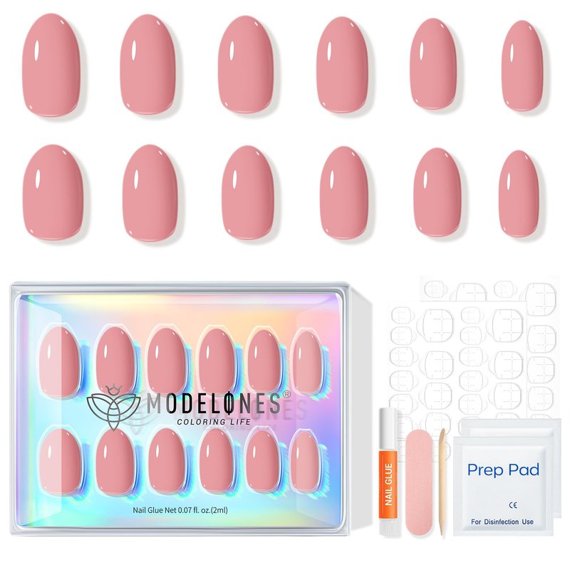 modelones Soft Pink Short Press on Nails, Semi-Transparent Oval Fake Nails Kit Press Ons with Nail Glue, Adhesive Tabs, Nail File, Prep Pad, Manicure Stick, 32Pcs 16 Sizes, Spring Women Girl Gift