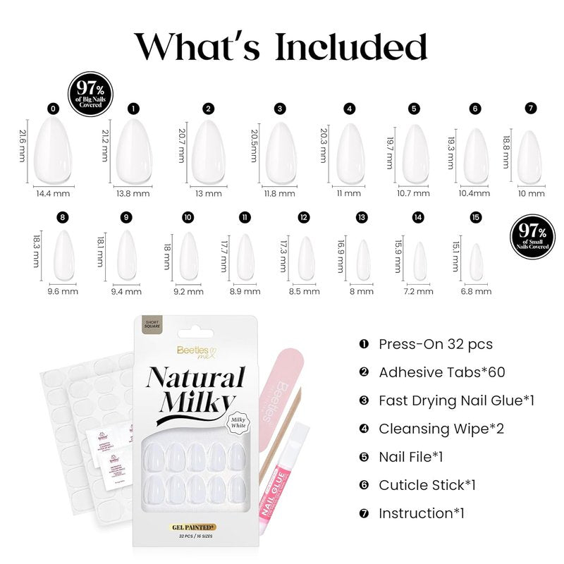 Beetles Milky White Press On Nails Short Oval - Natural White Press On Nails Short Oval with Nail Glue, Salon Quality in 16 Sizes - 32Pcs Soft Nail Gel Nail Kit Gift for Women