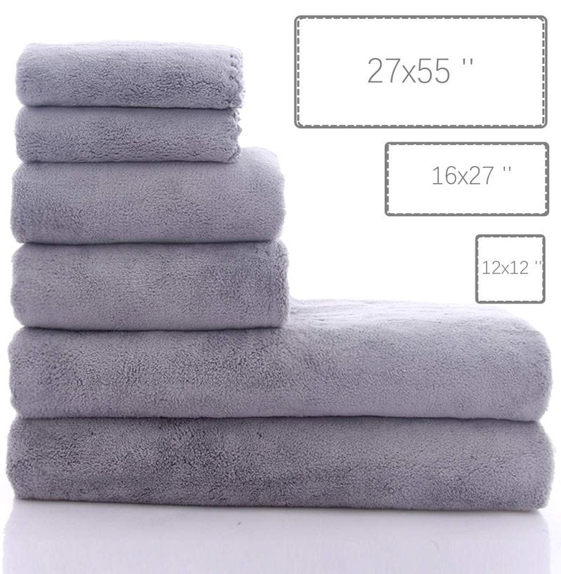 MOONQUEEN Ultra Soft Towel Set - Quick Drying - 2 Bath Towels 2 Hand Towels 2 Washcloths - Microfiber Coral Velvet Highly Absorbent Towel for Fitness, Bathroom, Sports, Yoga, Travel-Grey 6 Pcs
