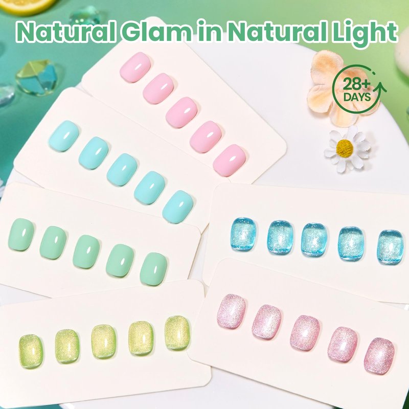 Beetles Hema Free Gel Polish Set, 15 ML 6 Colors Pastel Cat Eye Pink Green Blue Glitter Gel Nail Polish Kit Soak Off UV Nail Art DIY at Home Salon Spring Summer Gift for Women