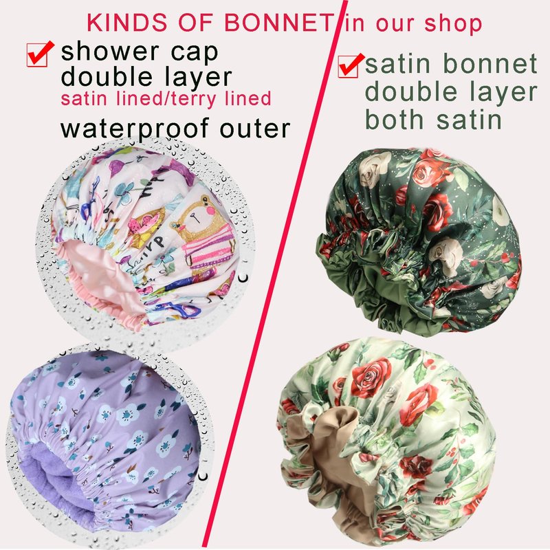 2Pcs Genergy Shower Cap for Women Waterproof, Adjustable Shower Cap Reusable, Luxury Shower Caps Comfortble, Extra Large &Double Layers &Reversible Satin Lined Bonnet(Apricot+Pink flower)