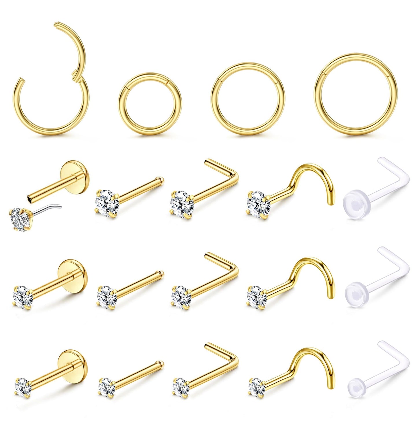 14K Gold Filled Nose Rings Studs Hoops for Women Men: 18G 316L Surgical Stainless Steel Hypoallergenic Dainty Simulated Diamond L Shaped/Corkscrew/Straight/Push Back Nostril Nose Piercing Jewelry