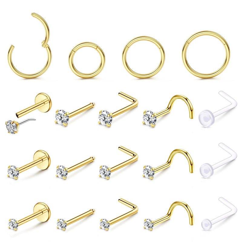14K Gold Filled Nose Rings Studs Hoops for Women Men: 18G 316L Surgical Stainless Steel Hypoallergenic Dainty Simulated Diamond L Shaped/Corkscrew/Straight/Push Back Nostril Nose Piercing Jewelry