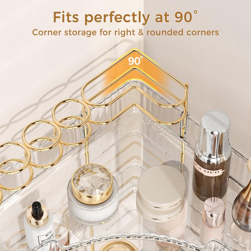 BEFSOP Corner Bathroom Counter Organizer, Upgraded 3-Tier Makeup Organizer Countertop with Makeup Brush Holder, Skincare Exquisite Vanity Organizers Countertop Bathroom Storage Dresser(CLEAR)