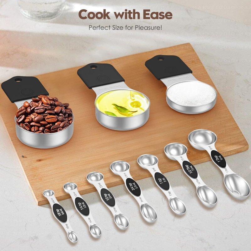 Abtrino Magnetic Measuring Cups and Spoons Set – 304 Stainless Steel | Dual-sided Design | 15-Piece with Leveler | N52 Space-Saving Magnetic Nesting | Baking & Meal Prep | Kitchen Gift (Black)