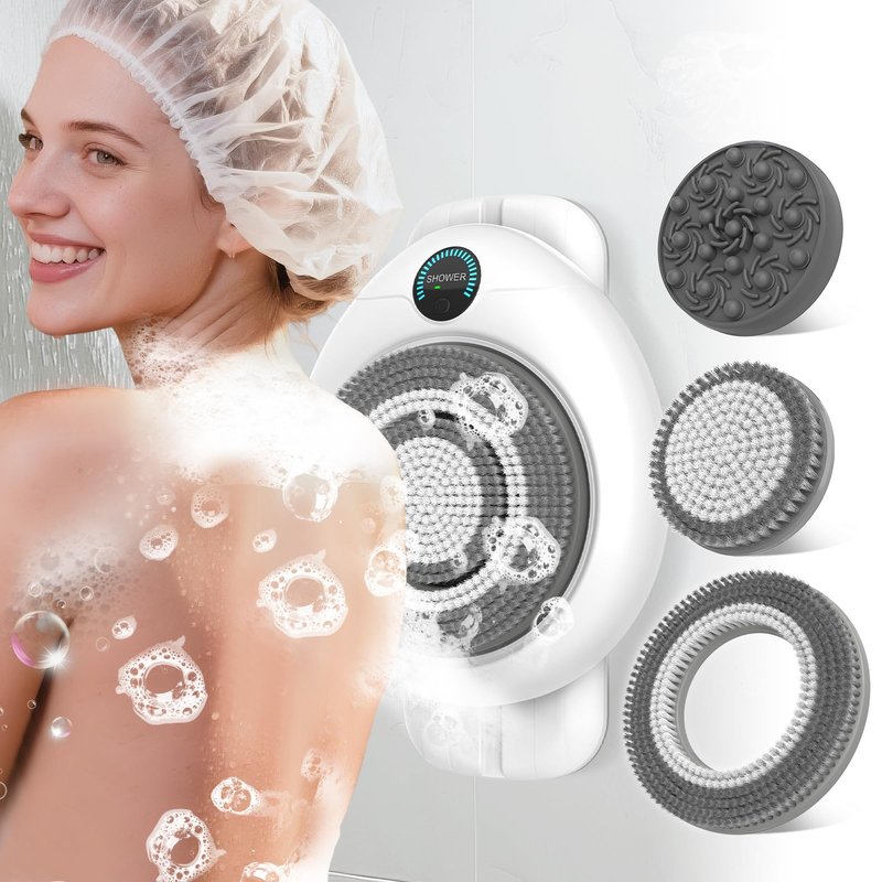 Electric Back Scrubber for Shower - Wall Mounted Exfoliating Brush, Hands-Free Automatic Body Scrubber, IPX7 Waterproof, 3-Speed Adjustment, 3 Replaceable Heads with 50pcs Disposable Shower Caps