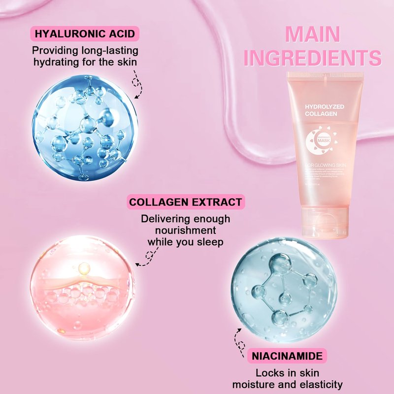 Josmon Collagen Night Wrapping Mask for Glowing Skin, Collagen Overnight Wrapping Peel Off Facial Mask for Elasticity Hydration, Reduce Sagging Dullness, 2.53 fl.oz, Pink(Brush Included)