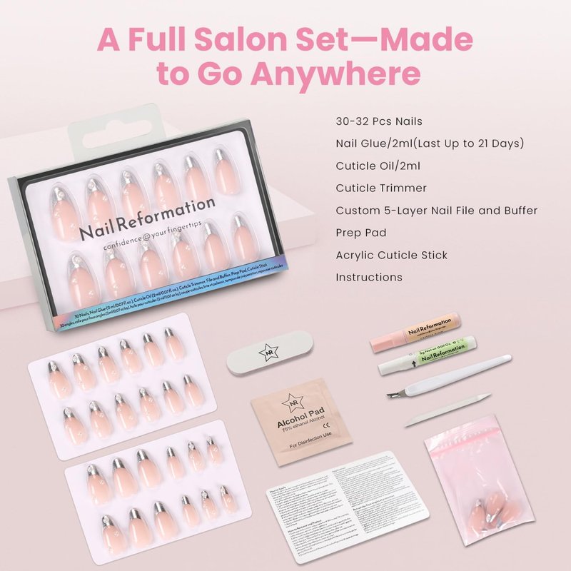 Nail Reformation Press On Nails, Beaded Clutch | Sheer Nude Medium Almond Fake Nails with Metallic Silver French Tip & Pearl, Reusable Stick On Nails in 15 Sizes - 30 False Nail Kit, Gifts for Women