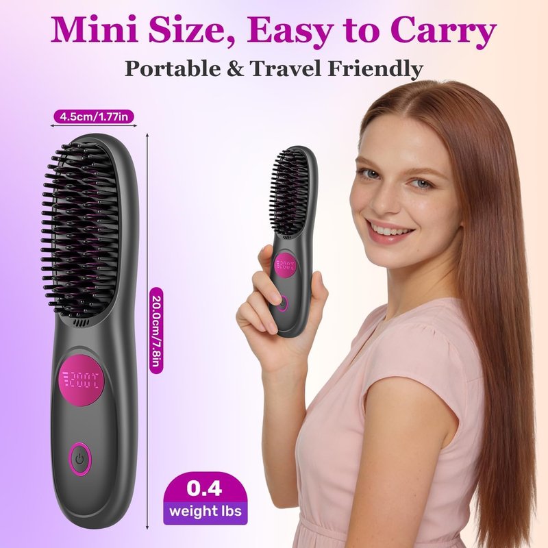 Go Brush Pro,2026 New Cordless Straight Hair Brush, Portable Scald-Proof mini Straight Hair Comb with Three Temperature Settings and LED Display Screen, Quickly Heating Travel Hair Brush (Dark Black)