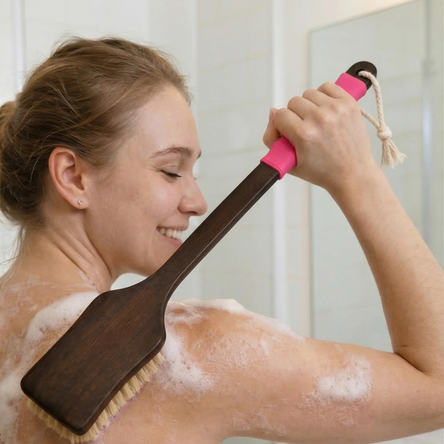 ENAMELEVO Back Scrubber for Shower,Exfoliating Shower for Men with Long Handle,Dry Brushing Body Brush,Lymphatic Contour for Full Body Exfoliation, Skin Cleansing & Lymphatic Drainage
