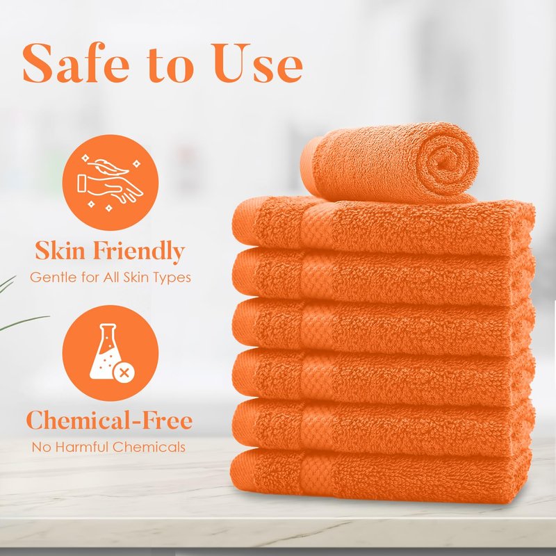DAN RIVER 12-Pack Premium 100% Cotton Orange Face Towels for Bathroom - Reusable Face Wash Cloths for Showering 12x12 Inches - 550 GSM Super Soft & Absorbent Luxury WashCloths for Body, Spa & Gym