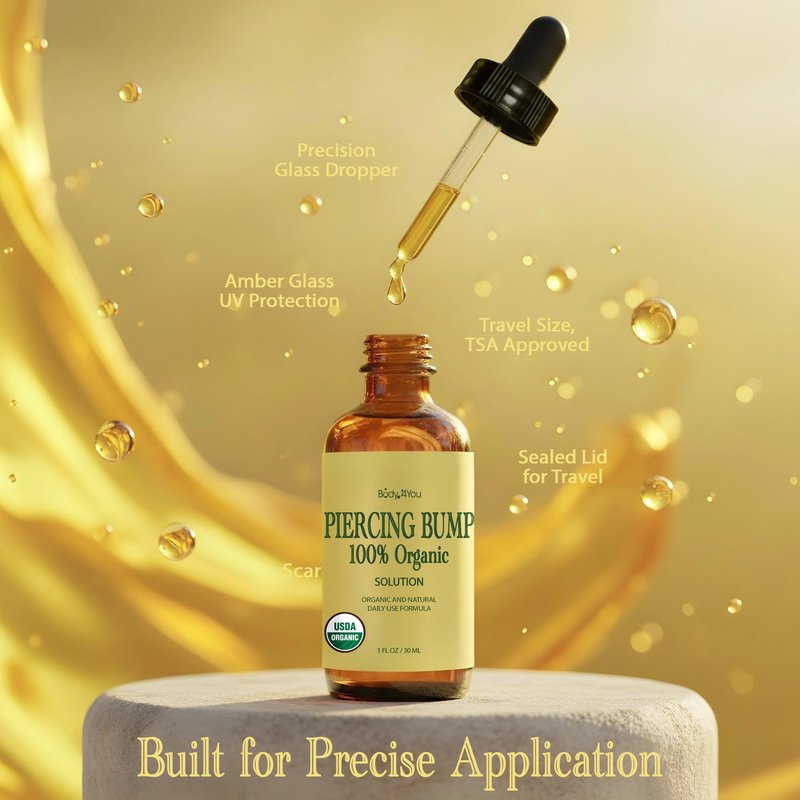 BodyJ4You Organic Piercing Bump Oil - USDA Certified Pure Oils Blend - Piercing Aftercare Nose Septum Belly Ear Cleaner Soothing Skin Recovery Solution - Amber Glass Dropper 1 Fl Oz