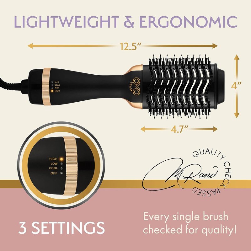 Professional Blowout Hair Dryer Brush - 75MM Oval Hot Air Volumizer for Women | Black Gold Finish
