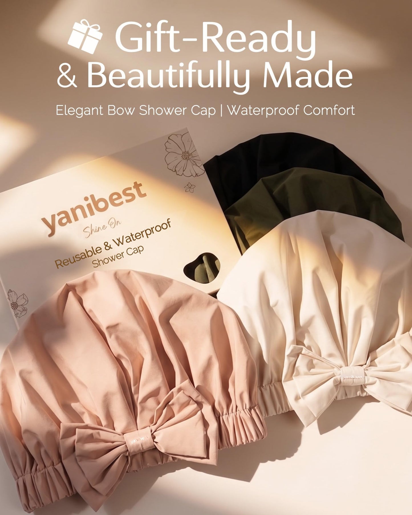Yanibest Shower Cap Reusable Waterproof, Wide Elastic Band Bath Cap - Comfortable & Durable Bath Hair Hat for Women
