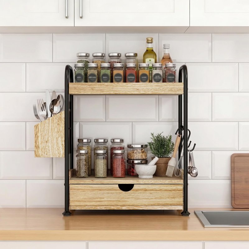Kottwca 2-Tier Bathroom Counter Organizer with Drawer, Wooden Vanity Skincare Storage Shelf with Thickened Metal Frame, Countertop Shelf with Basket & Hooks for Makeup Organization,Light Brown