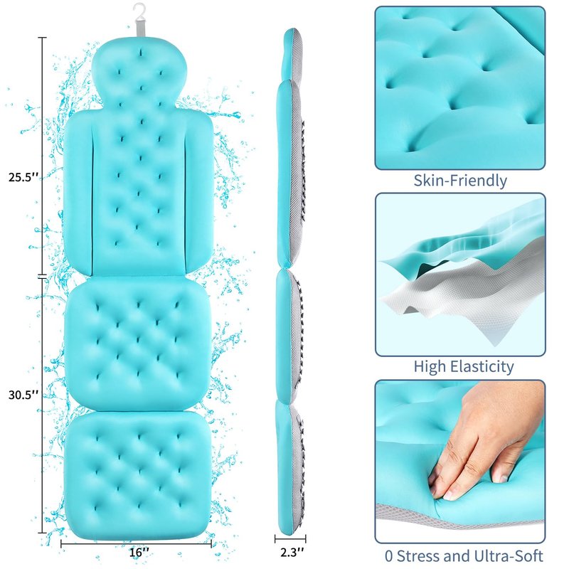 Luxury Bath Cushion, Full Body Bathtub Pillow with 160 Suction Cups, Bath Mat for Head and Neck Support, with Laundry Bag (Blue, 56" x 16")