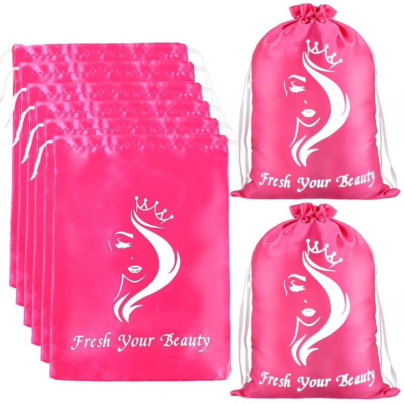 Satin Pouches with Drawstring - Soft Silk Satin Storage and Travel Bags for Bundles, Wigs, Hair Extensions, Tools, Business Gifts (6 PCS Pink)