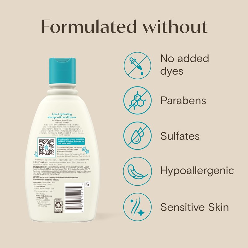 Aveeno Kids Shampoo & Conditioner, Formulated With Oat Extract to Gently Cleanse, Condition & Detangle Kids Hair, For Sensitive Skin and Scalp, Hypoallergenic, 12 Fl Oz