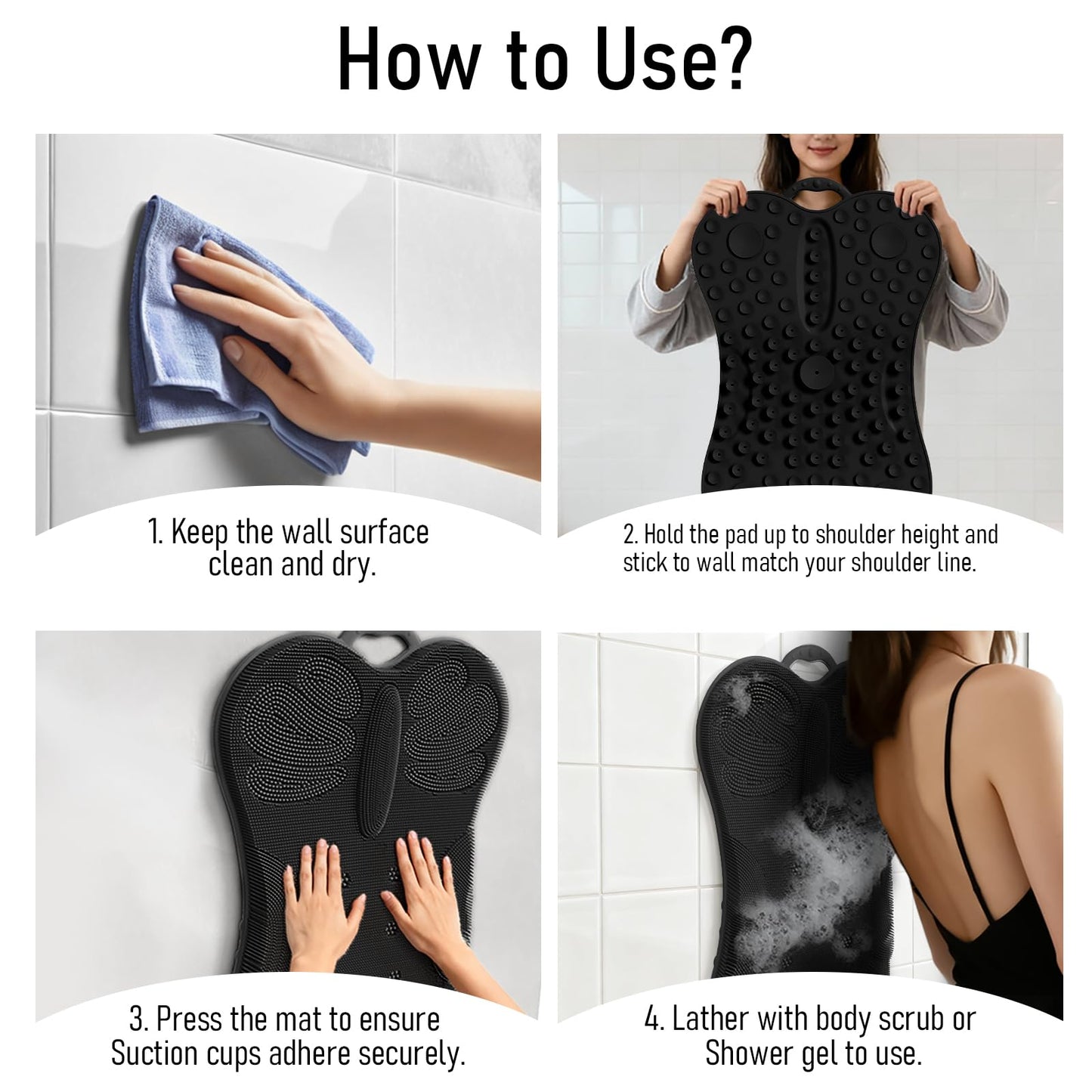 Back Scrubber for Shower Wall Mounted Men Exfoliating Scratcher Mat Extra Large Silicone Hands Free Body Brush, 3D Ergonomic Back Support Message Lower Pain Relief with Anti-slip Suction Cups Black
