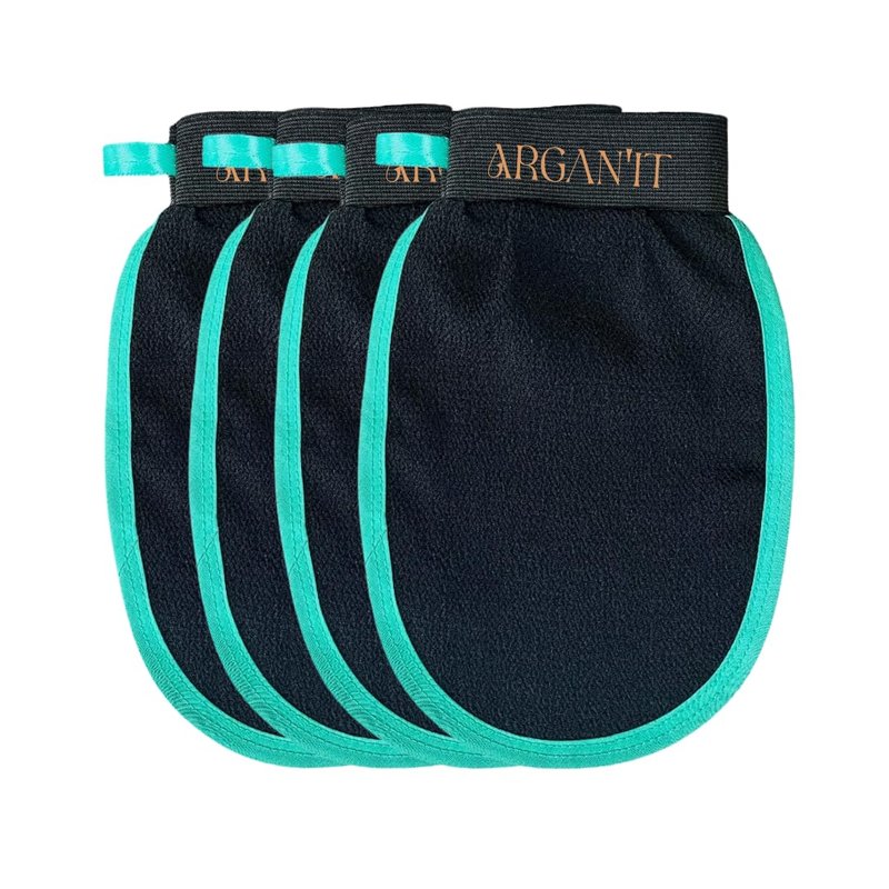 Argan'it Korean Exfoliating Glove, Black,Turquoise,Cleansing Body Mitt, Original Towel Style for Dead Skin Removal, Microdermabrasion Scrubbers, Self-Tan Remover and Keratosis Pilaris Treatment,4 Pack