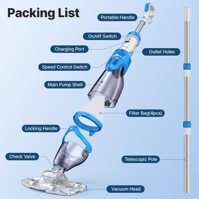 OGERY Pool Vacuum for Above Ground Pool, 18.5GPM Powerful Suction, 60Mins Runtime, Telescopic Pole Cordless Pool Vacuum for Inground Pools, Rechargeable Cordless Handheld Pool Vacuum for Spas/Hot Tubs