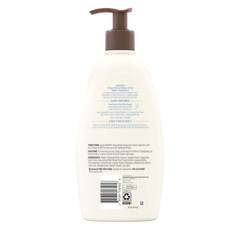 Aveeno Sheer Hydration Fragrance-Free Daily Moisturizing Lotion with Prebiotic Oat for Dry Skin, Lightweight, Fast-Absorbing Body Moisturizer Nourishes Skin with 48-hour Moisture, 18 fl oz (Pack of 2)