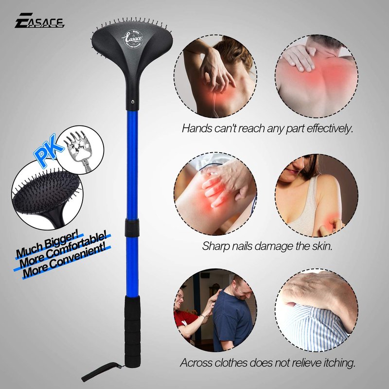 EASACE Telescopic Back Scratcher with Long Handle 21.5 Inch Adjustable Backscratchers Telescoping for Women Men Pregnant Extendable Head Body Scratcher Retractable Over-Sized Bristled Scratcher(Blue)