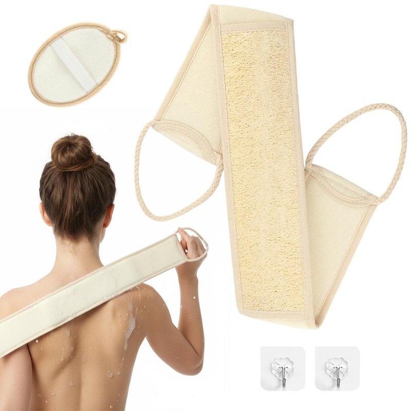 Natural Loofah Shower Back Scrubber Set, luffa Exfoliating Bath Strap, Back exfoliator for Shower, Textured Body Scrubber for Men and Women, with Hooks
