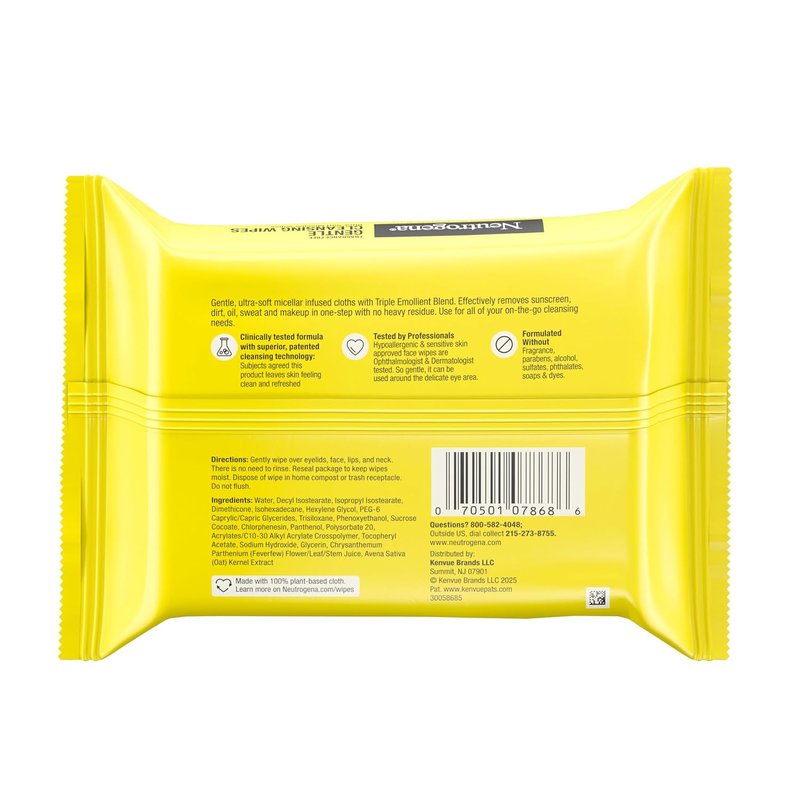 Neutrogena Gentle Facial Cleansing Wipes - Ultra-Soft Micellar Wipes for Sensitive Skin | Fragrance-Free, 25 Count