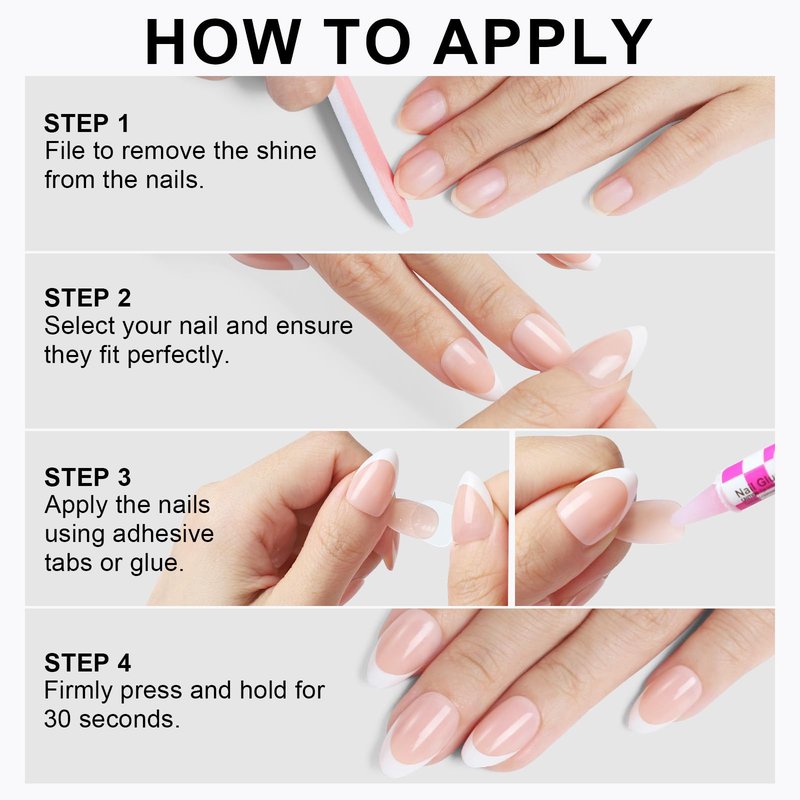 French Almond Gel Press On Nails Short 16 Sizes Fake Nails Glossy 32pcs, Nail Glue Included