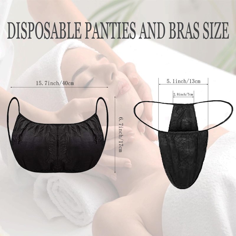 FRASTORDER 50 Pairs (100 Pcs) Disposable Bra and Underwear Set - Black Disposable Thongs & Bras for Spa, Spray Tan, Massage & Waxing - Non-Woven Breathable Salon & Travel Supplies