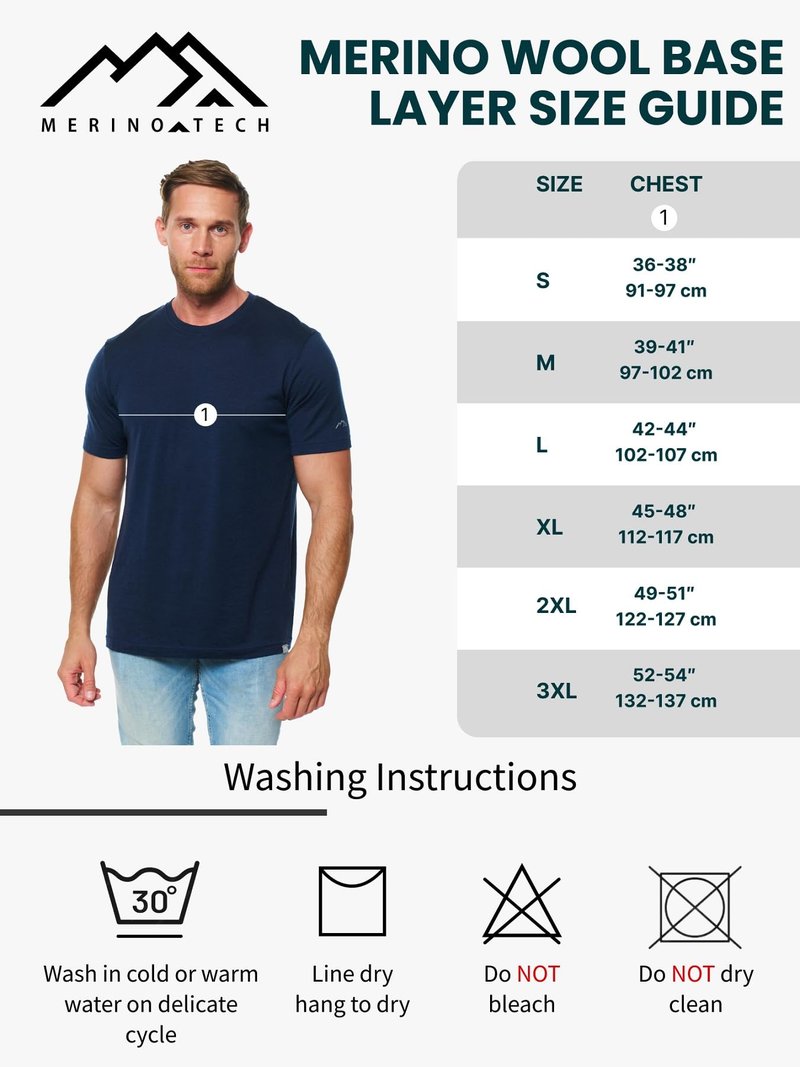 Merino.tech Merino Wool T-Shirt Mens - 100% Merino Wool Undershirt Lightweight Base Layer (Woodland Grey Blue, Large)