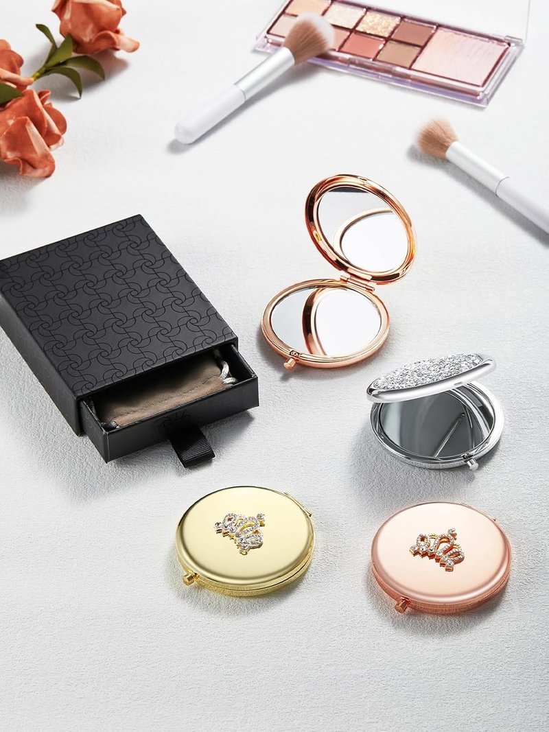 OMIRO 1X/10X Magnifying Compact Mirror,Gift for Women Small Unique Get Well Soon Gift for Her Girlfriend Wife Mom Best Friend Sister Coworker (Silver, Mixed Diamon)
